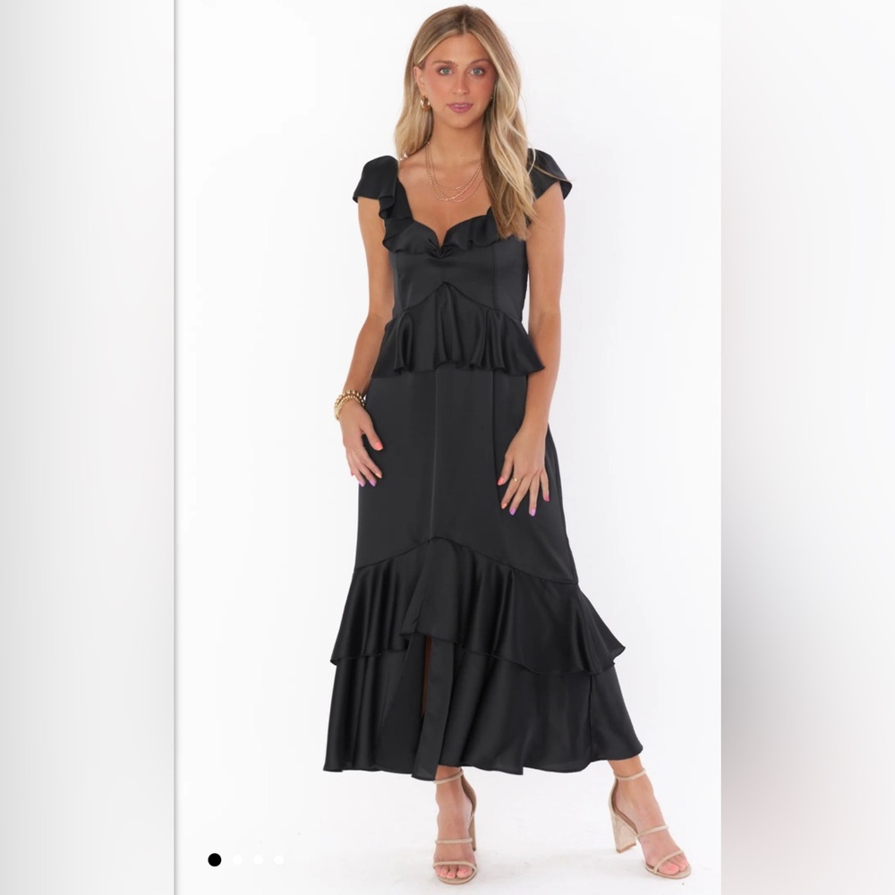 NWT Show Me Your MuMu Reese Ruffle Dress Midi Black Luxe Satin